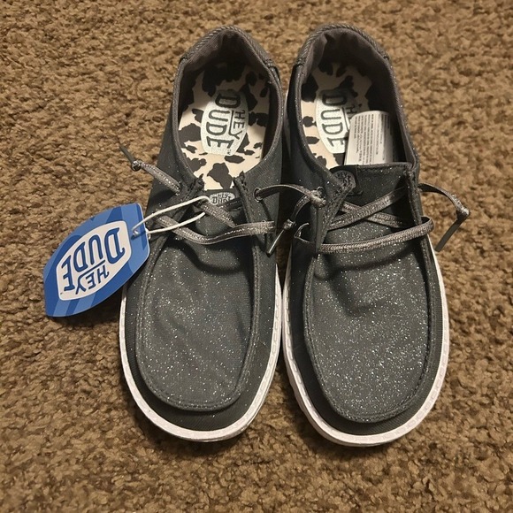 Hey Dude Shoes - Hey Dude Wendy Stardust Charcoal Glitter Slip On Loafers 43101-025 Womens 6